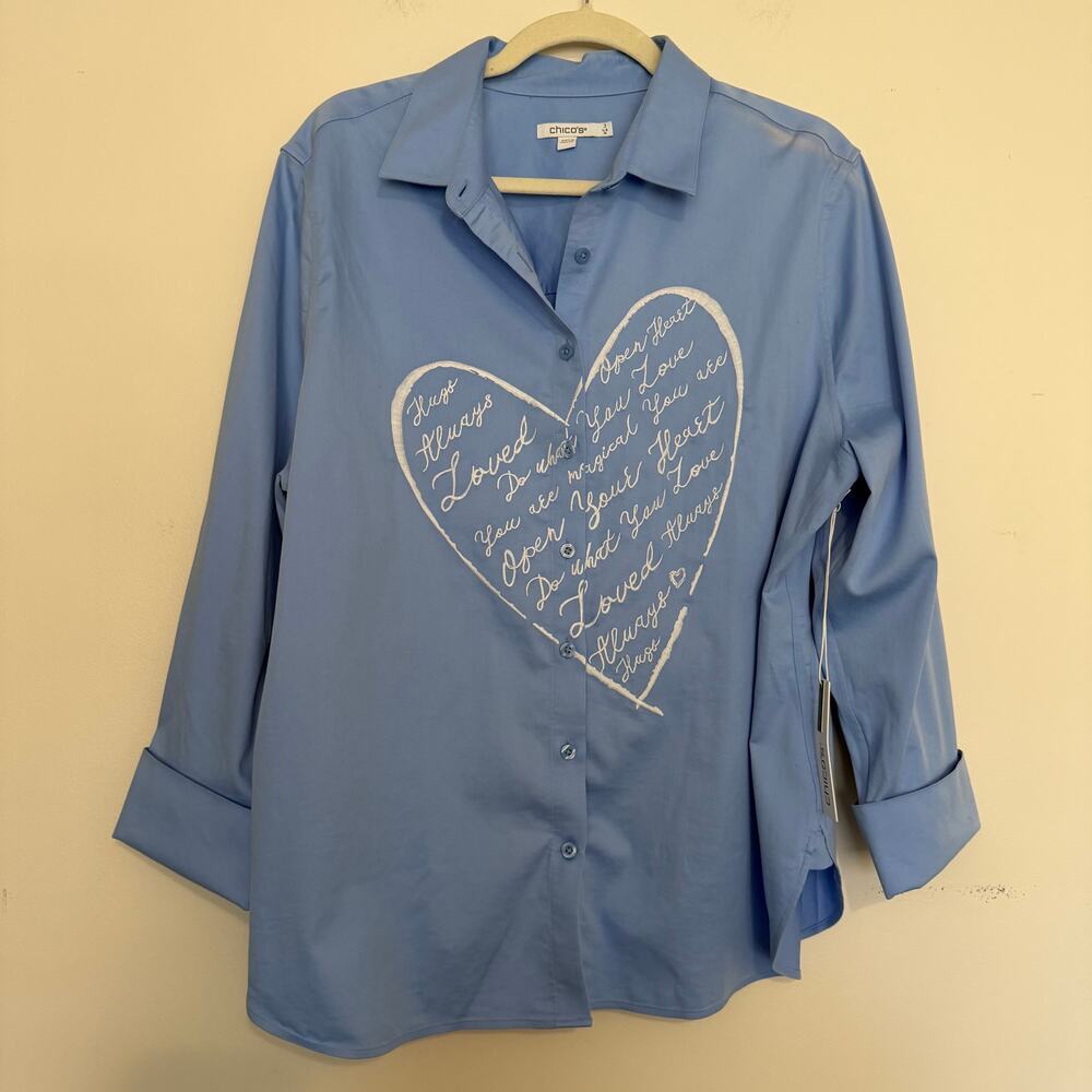 Chico's Embroidered Heart No Iron Shirt‎ Blue Classic Button Down Sz 3 US 16